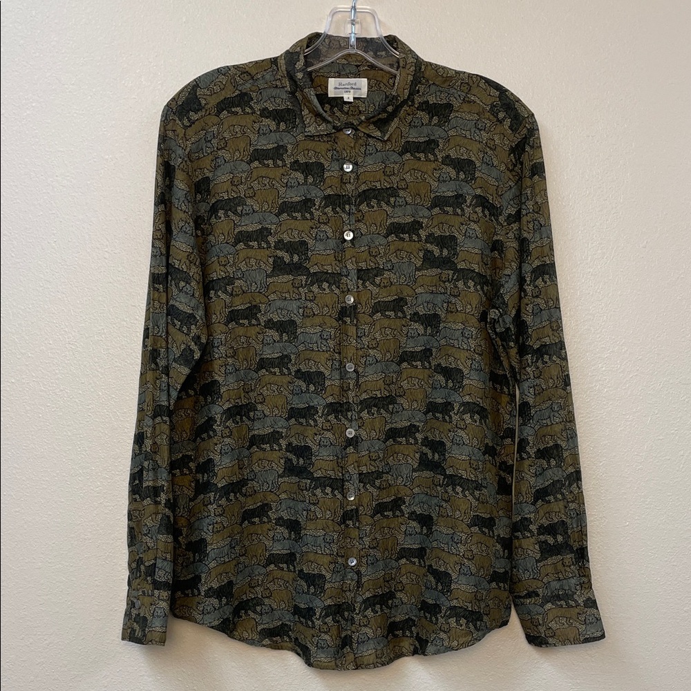 Hartford WS Y2K sheer long sleeve button up cotton silk green tiger print shirt